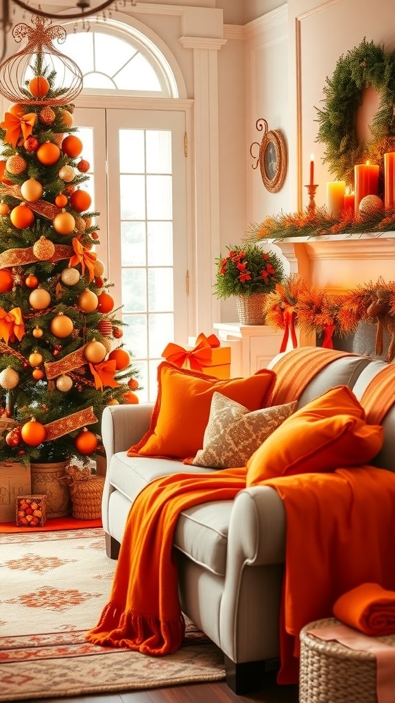 A festive living room decorated for Christmas with orange and gold ornaments, cozy sofa, and orange garlands.